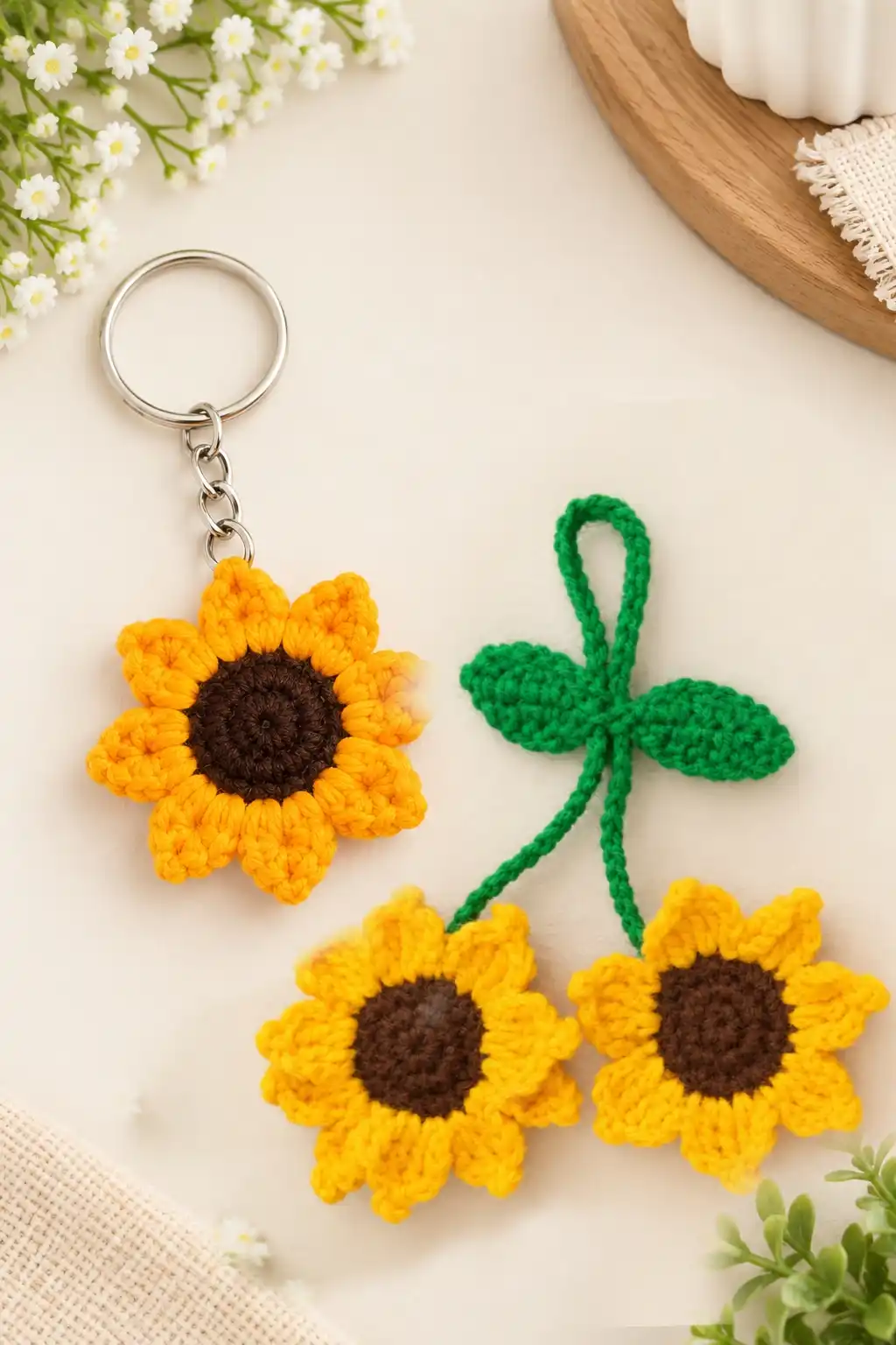 Crochet Sunflower Keychain With Hair Tie 1