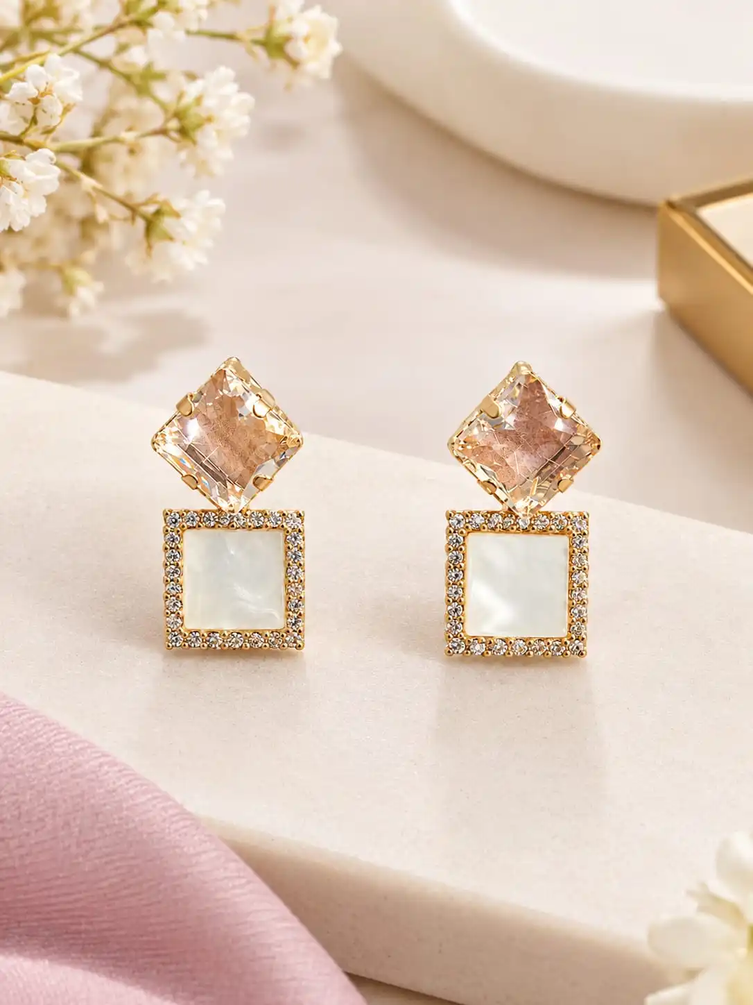 Regal Amber & Opaline Geometric Drop Earrings in 18K Gold Plating. 1