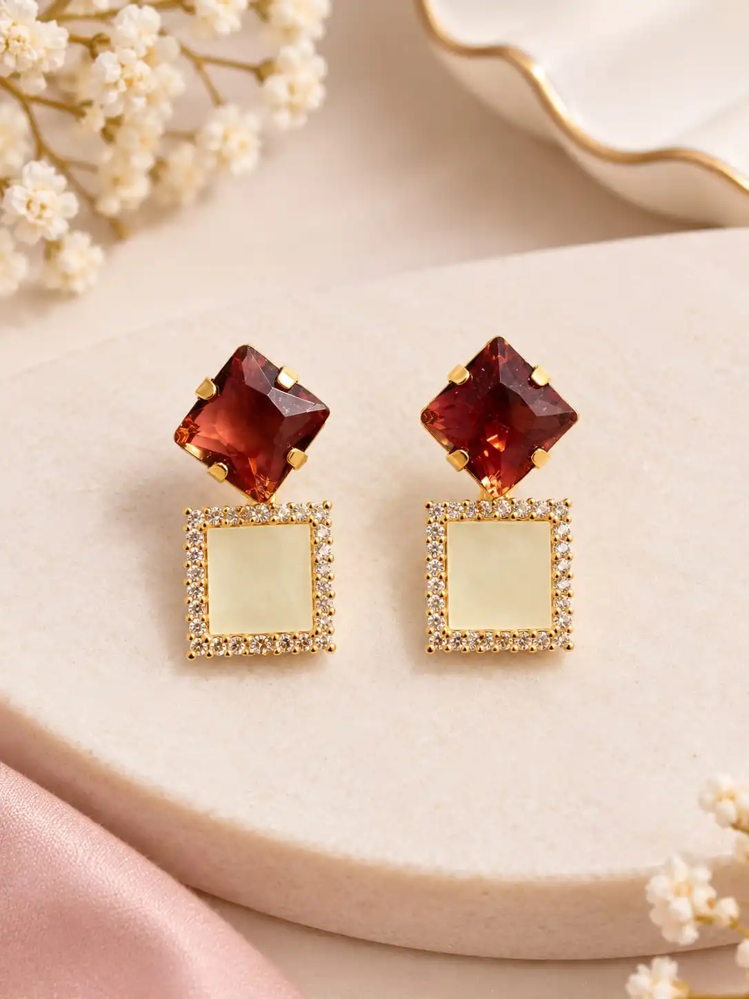 Regal Amber & Opaline Geometric Drop Earrings in 18K Gold Plating. 2