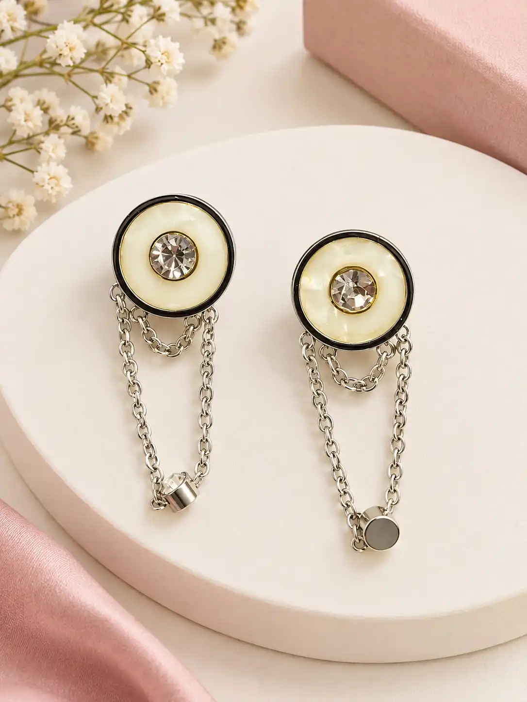 Silver Tone White Enamel & Solitaire Crystal Dangal Earring . 1
