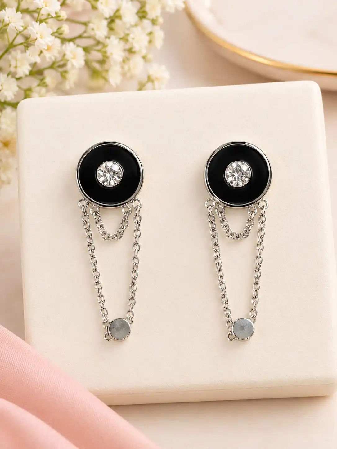 Silver Tone White  Enamel & Solitaire  Crystal Dangal Earring . 2