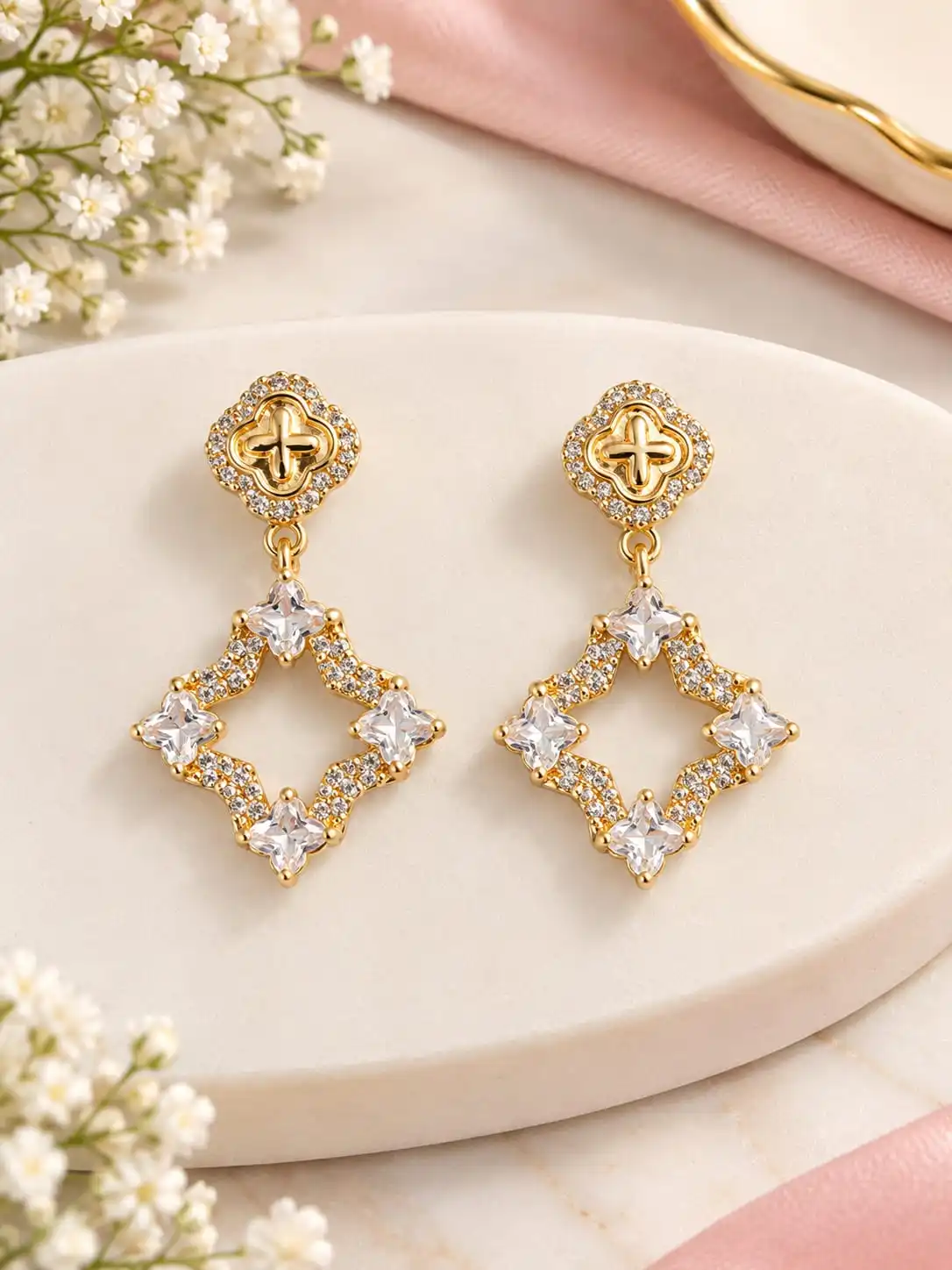 Gold Floral Clover Stud With White Stone . 1
