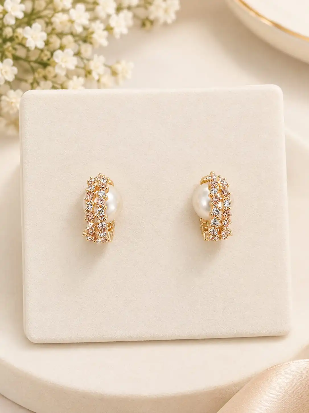 Pearl & Pave Crystal Huggie Hoop Earrings. 1