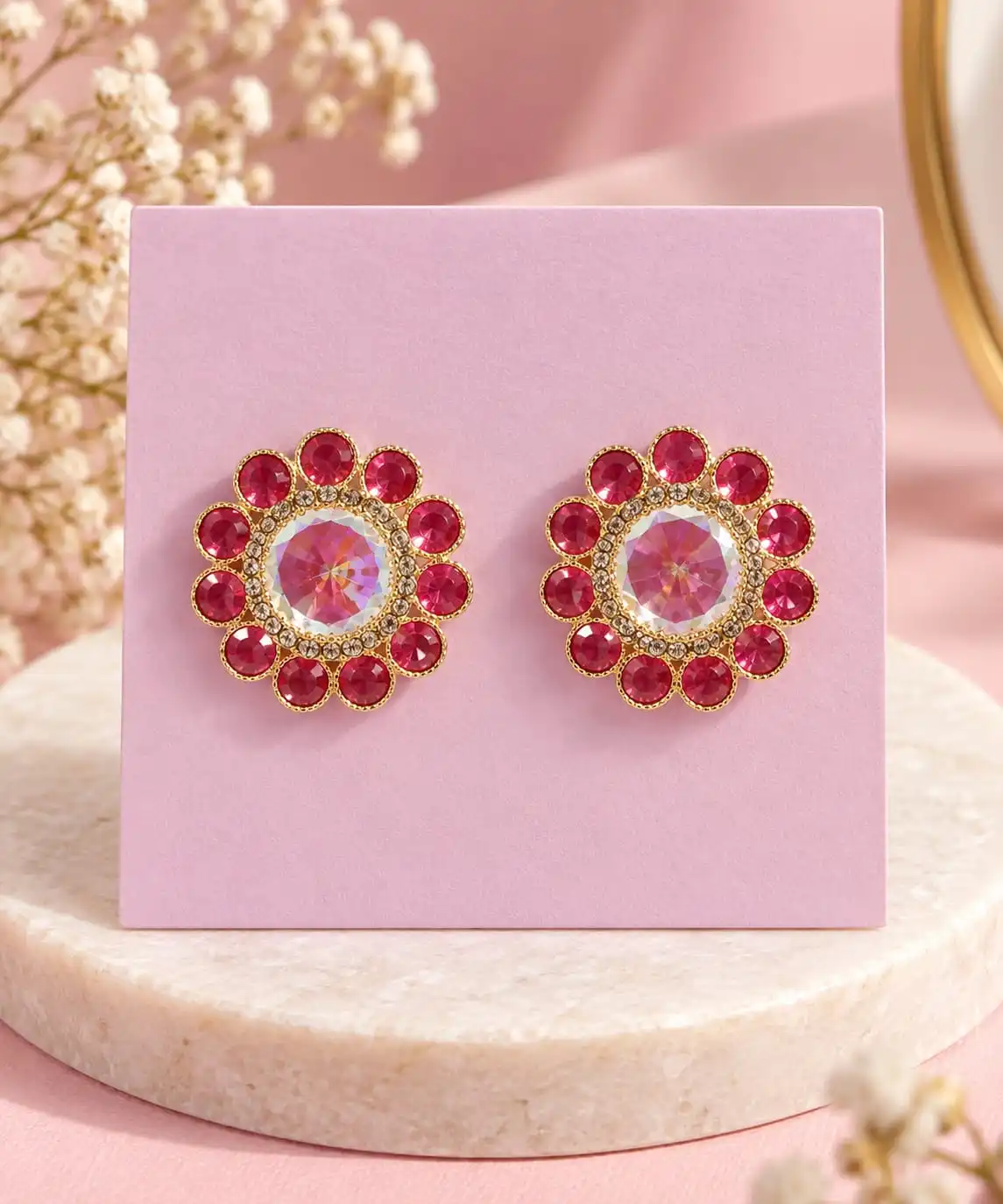 Magenta Sunburst Iridescent Crystal Studs.