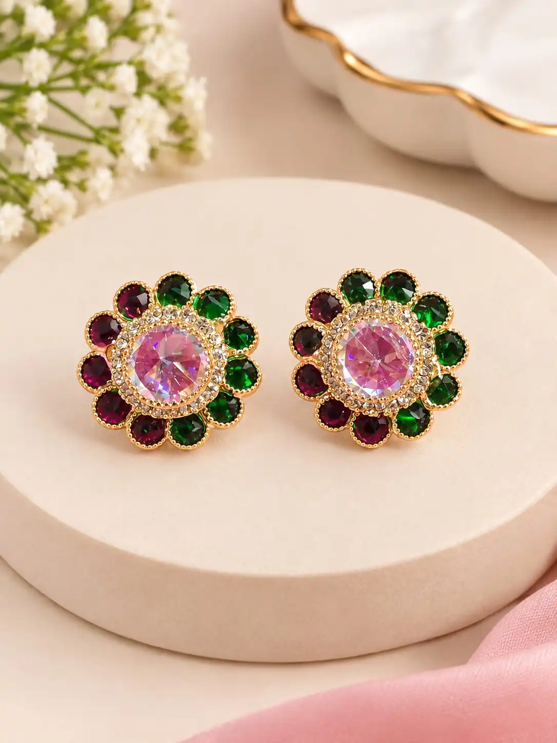 Magenta Sunburst Iridescent Crystal Studs. 2