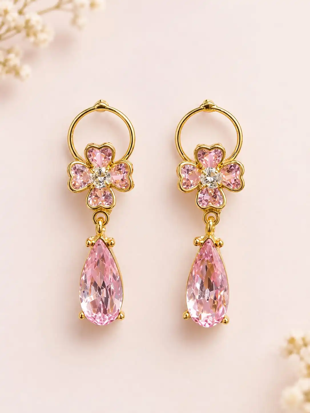 Blushing Petal  & Teardrop Crystal Drop Earring.