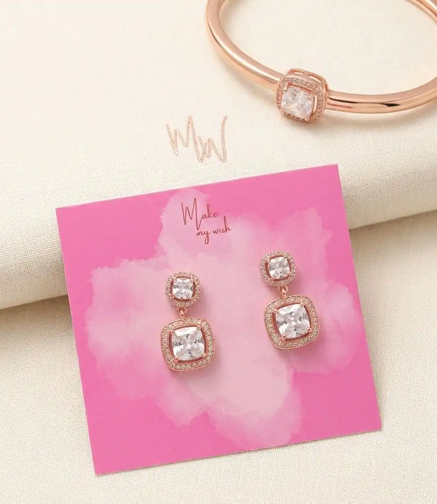 Rose Gold Cushion Cut Halo Drop Earrings. 1