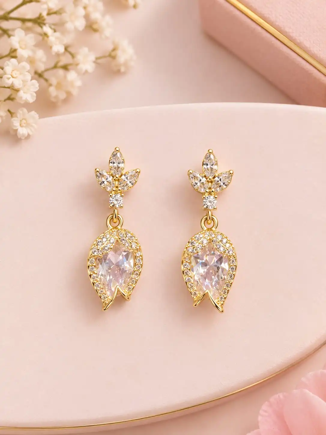 Silver Leaf & Teardrop Crystal Bridal Drop Earrings. 2