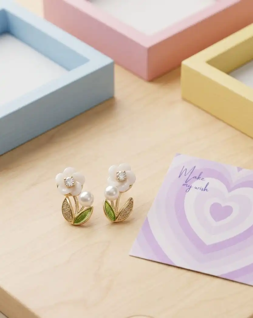 Pearl Flower Leaf Earrings. 1