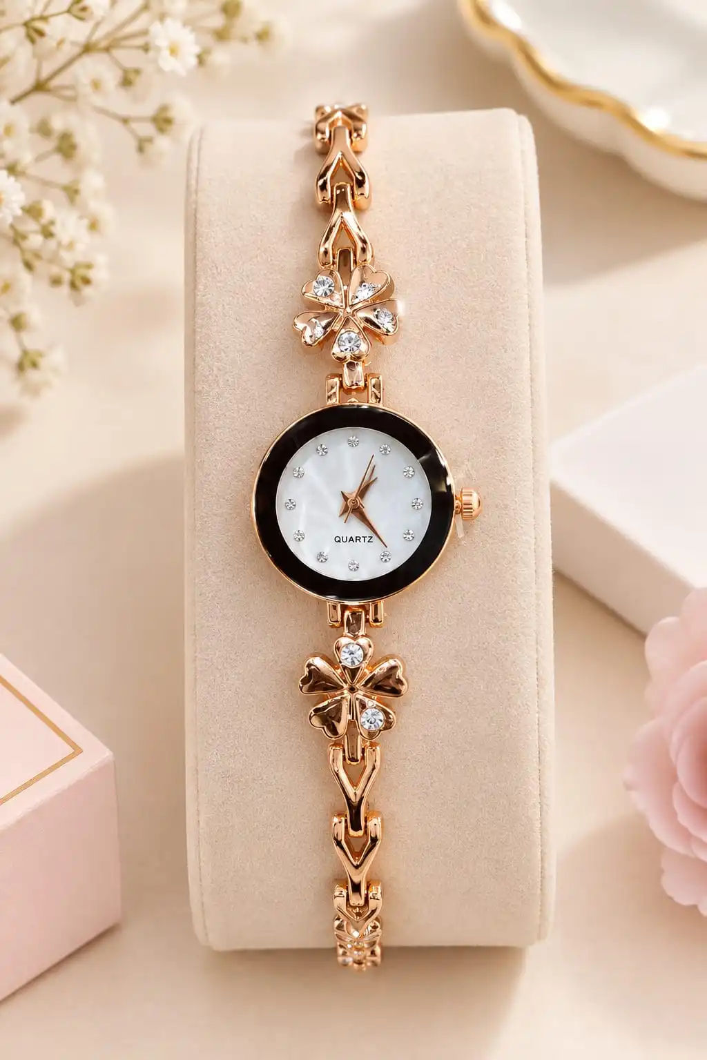 Anti-Tarnish Women's Rose Gold Floral Charm Bracelet Watch 1