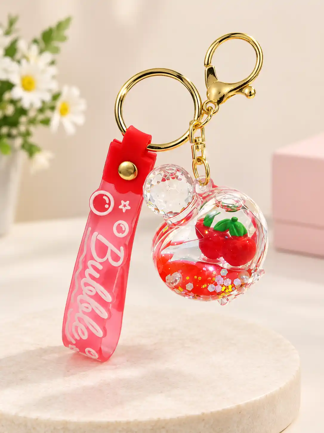 Cute Cherry Liquid Floating Keychain. 1