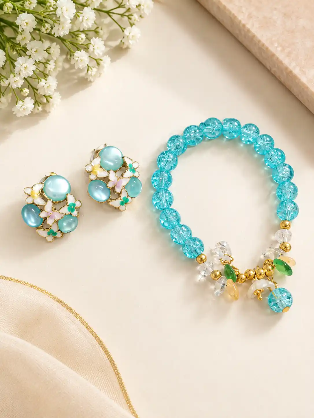Aqua Blue Beaded Bracelet & Floral Earring Set 1