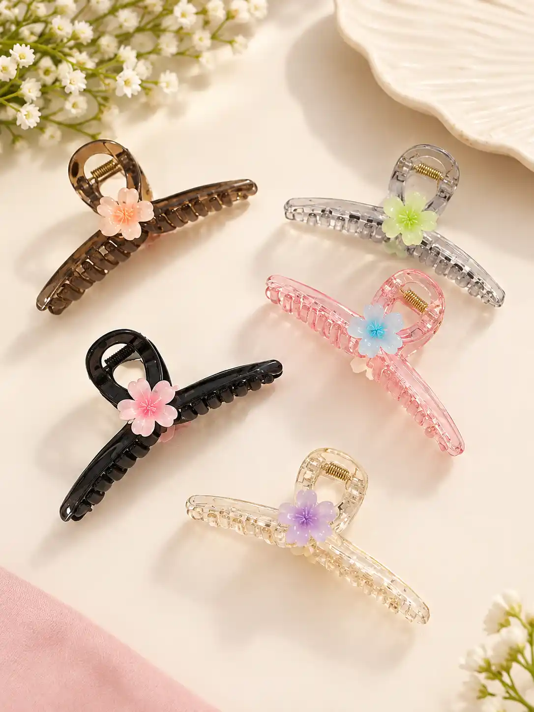 Floral Translucent Claw Hair Clips โ Set of 5 1
