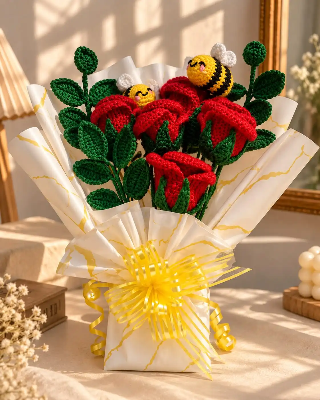 Crochet Rose & Bee Bouquet 1