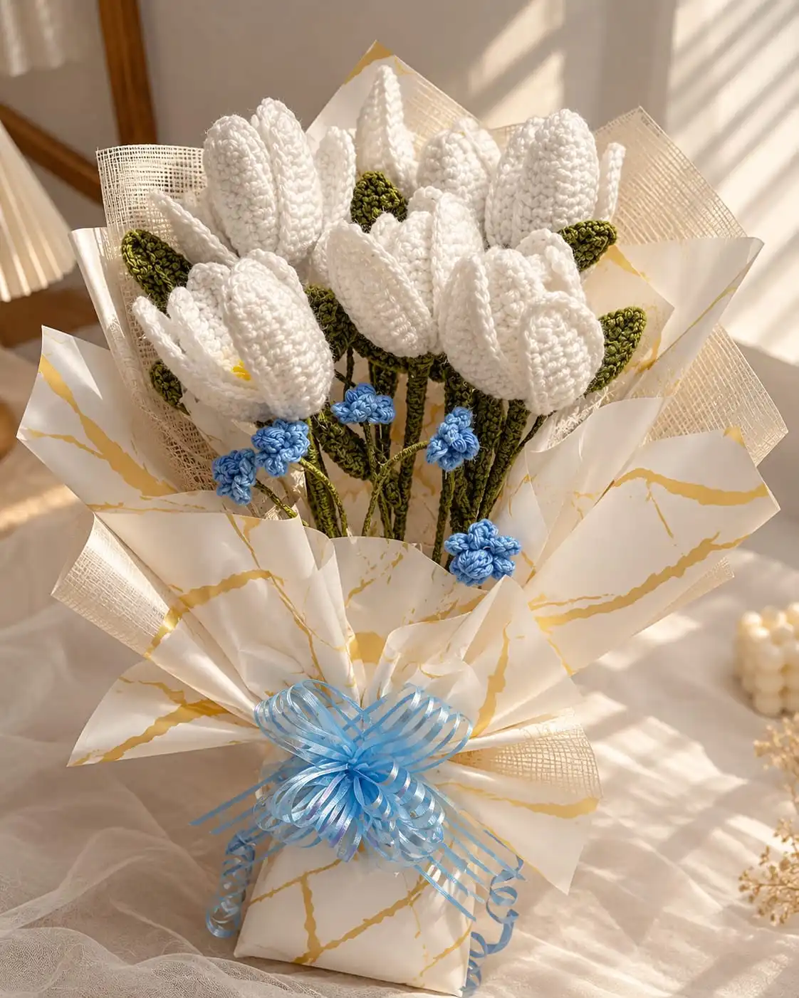 Snowy White Tulip Crochet Bouquet 1